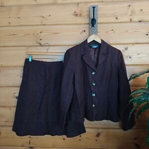 Harvey Bernard Holtzman 100% Linen Brown Suit Set Office Skirt -8 Blazer Top -10